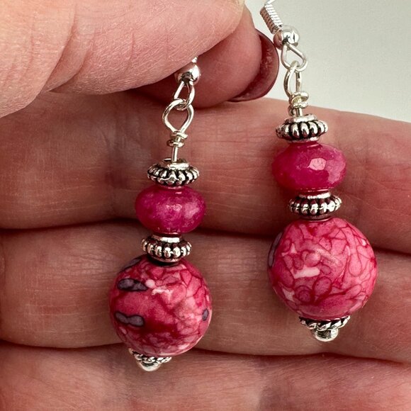 Rain Flower Jade & Faceted Pink Jade Earrings 925 Sterling Silver Ear Wires - Picture 11 of 11